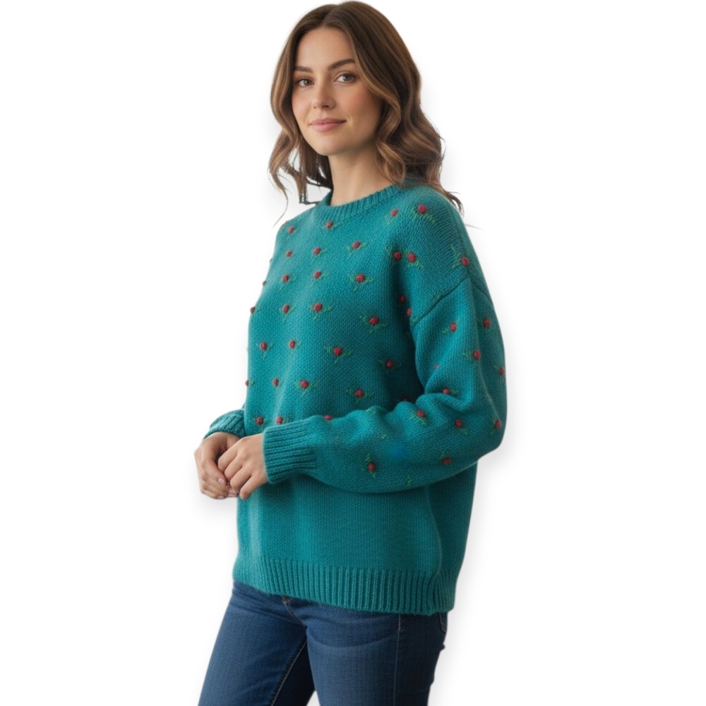 Hand Knit Wool Sweater Turquoise with Red 3D Rosettes Medium